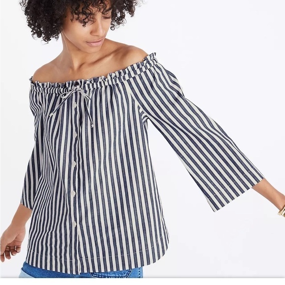 Madewell Size Medium Shimmer Stripe Off Shoulder Top Blue White Shirt Blouse - Picture 10 of 10